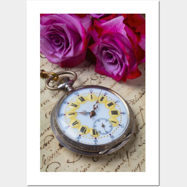 Old Pocket Watch And Red Purple Roses Wall Art by photogarry